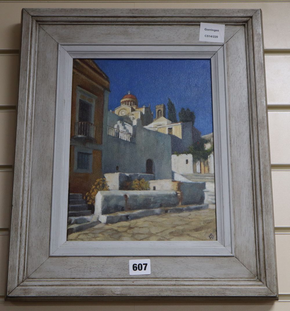 Anne Wright, oil on canvas, Church in Symi, monogrammed, 29 x 22cm